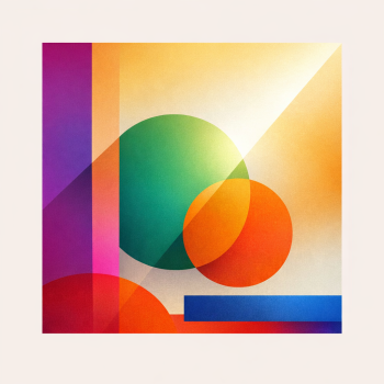 Abstraktes geometrisches Farbspiel mit Kreisen, Lichtstrahl und minimalistischen Formen in Magenta, Grün und Orange.